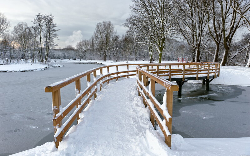 Snow-covered Wooden Bridge — White, Serene