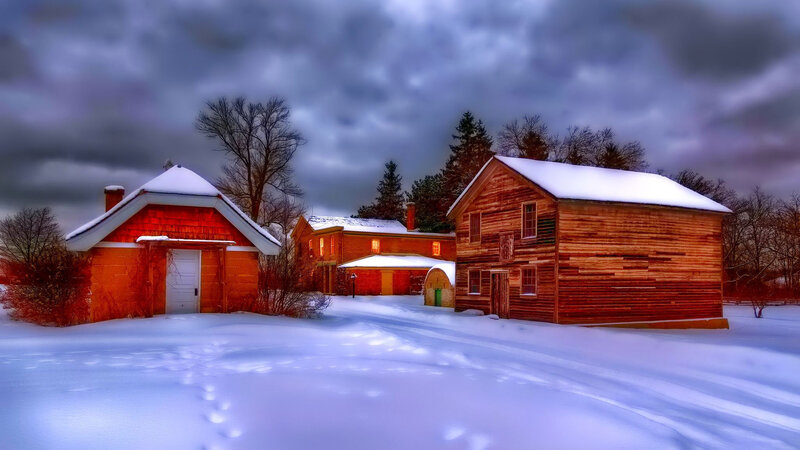 Snow-covered Wooden Buildings — White