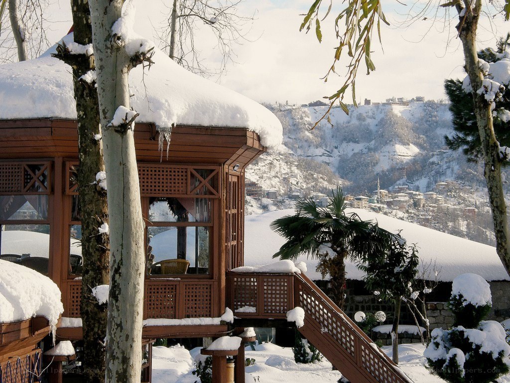 Snow-covered wooden cabin