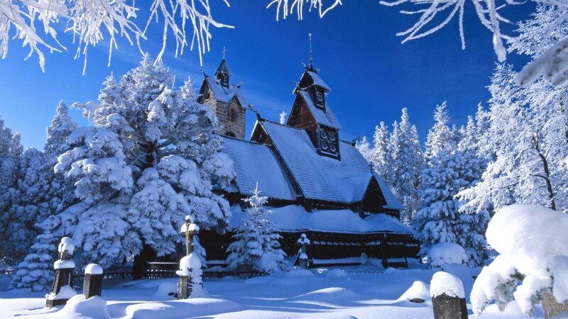 Snow-covered Wooden Church — White
