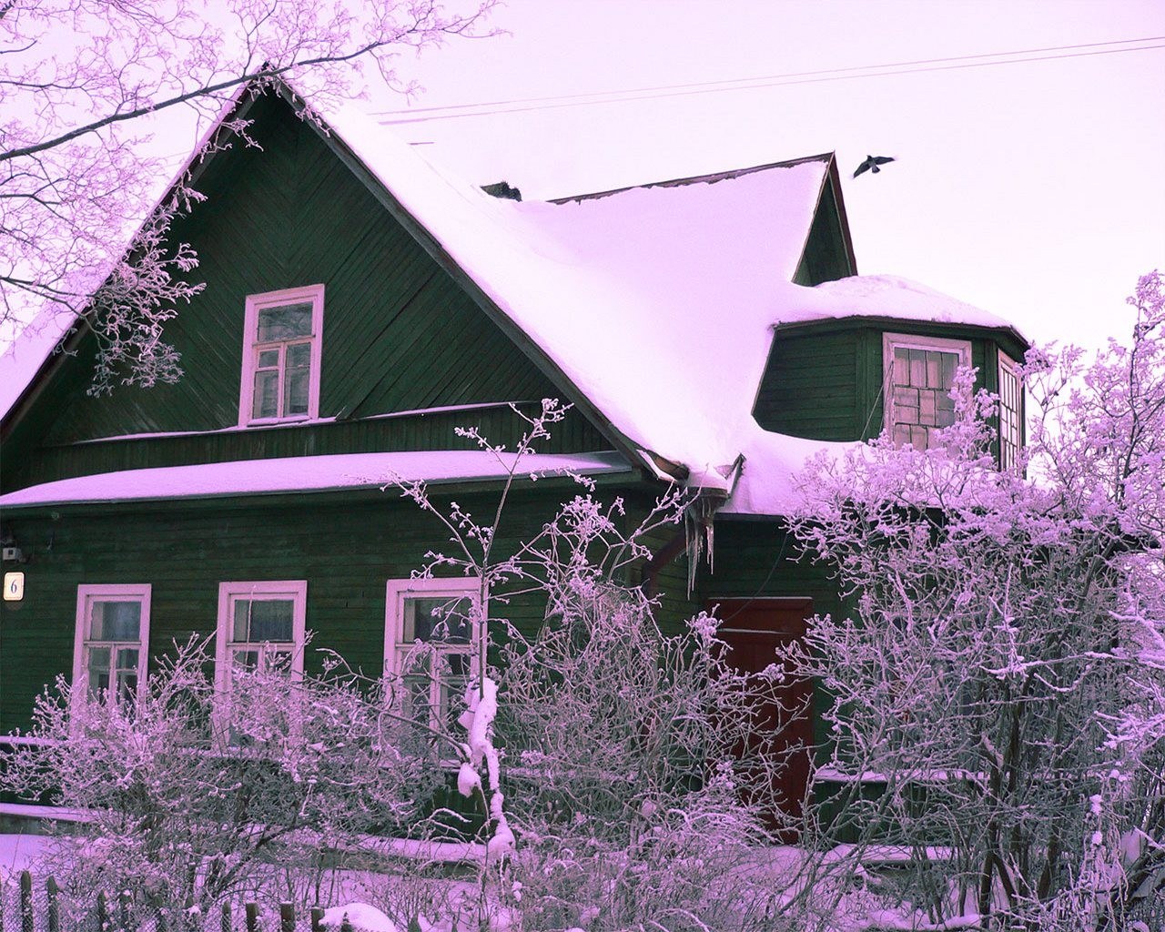 Snow-covered wooden house