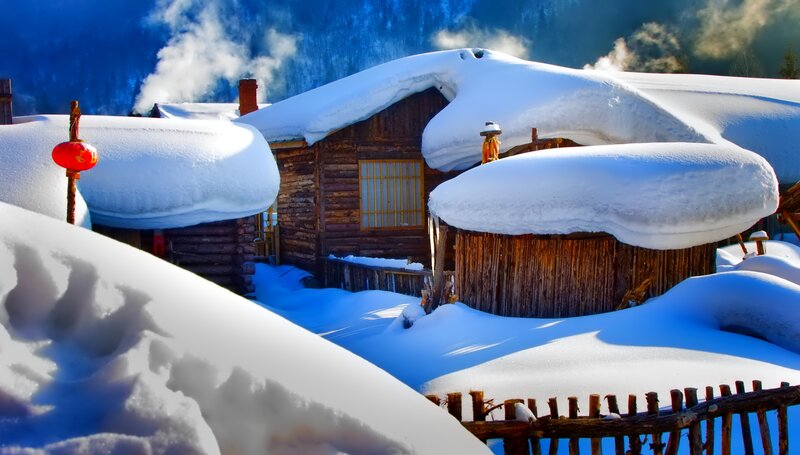 Snow-covered Wooden Houses — White