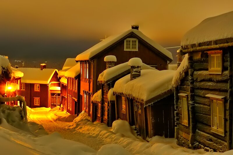 Snow-covered Wooden Houses — Yellow