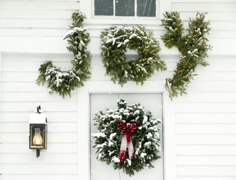 Snow-covered Wreaths on Door