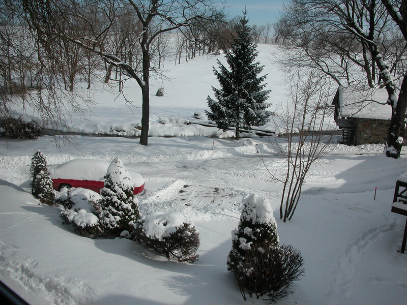 Snow-covered yard with red car