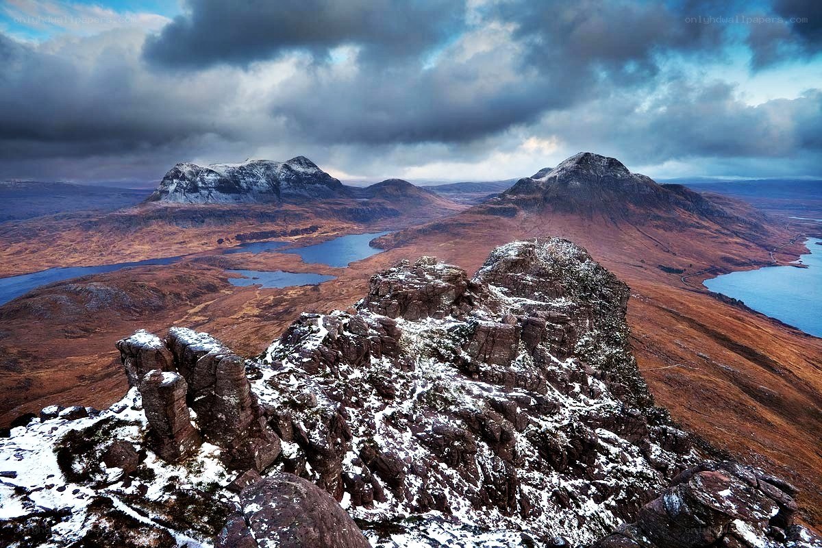 Snow-dusted mountain peaks and lochs