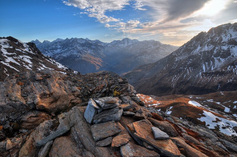 Snow-dusted Mountain Peaks — Blue