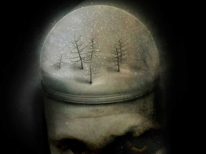 snow globe on a head