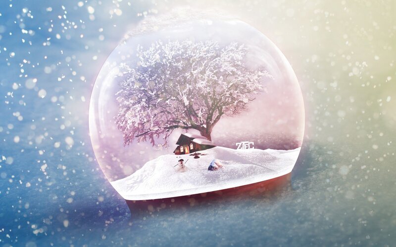 Snow Globe with Winter Scene — White, Serene, Digital Art