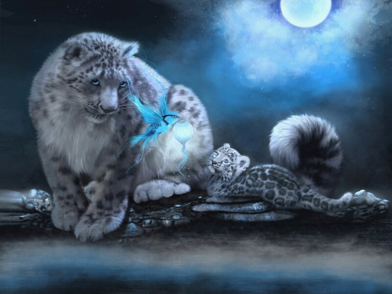 Snow Leopard and Cub — Blue, Serene