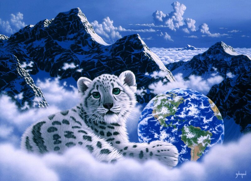 Snow Leopard Cub — Blue, Serene, Digital Art, Mountains