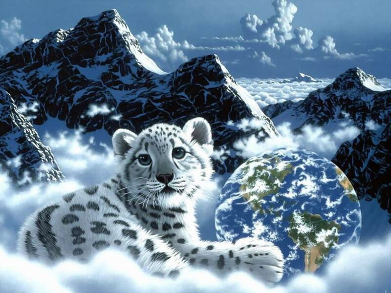 Snow Leopard Cub — Blue, Serene, Digital Art