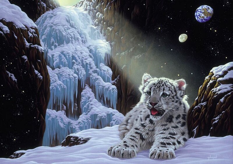 Snow Leopard Cub — White, Dramatic, Night, Digital Art