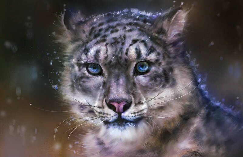 Snow Leopard Cub — White, Dramatic, Winter, Digital Art, Eyes