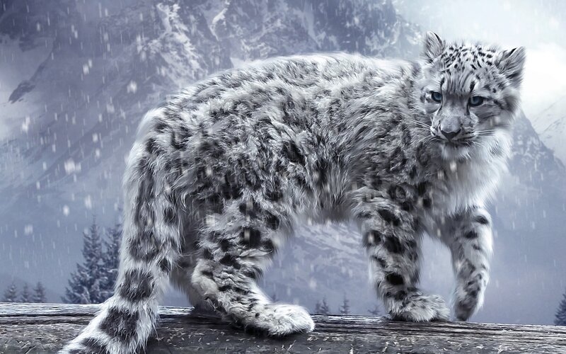 Snow Leopard Cub — White, Dramatic, Winter, Digital Art, Mountains, Trees, Gray