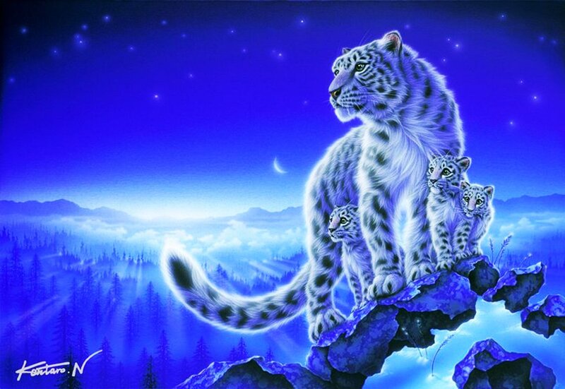 Snow Leopard Family — Blue, Serene