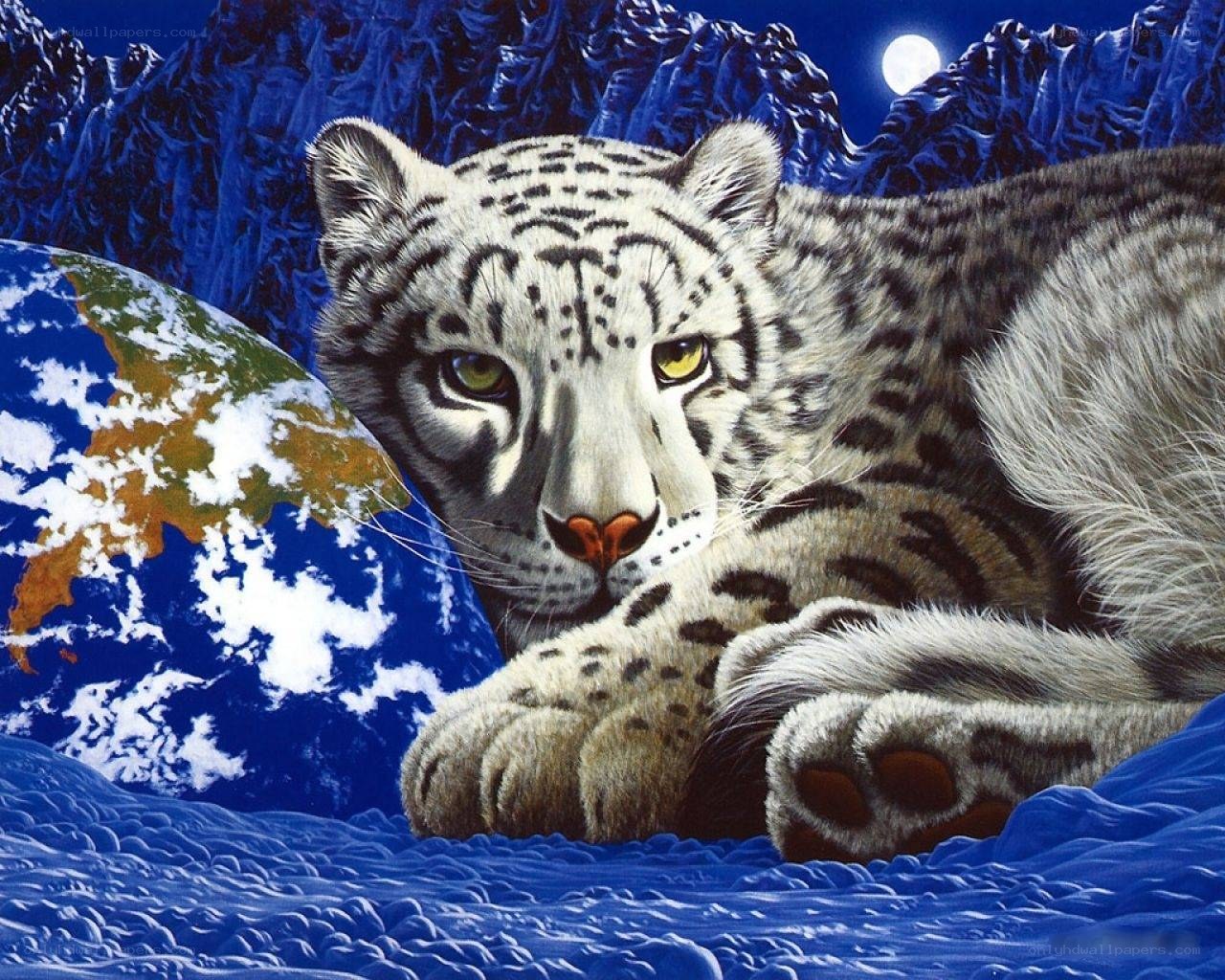 Snow leopard in mountain landscape