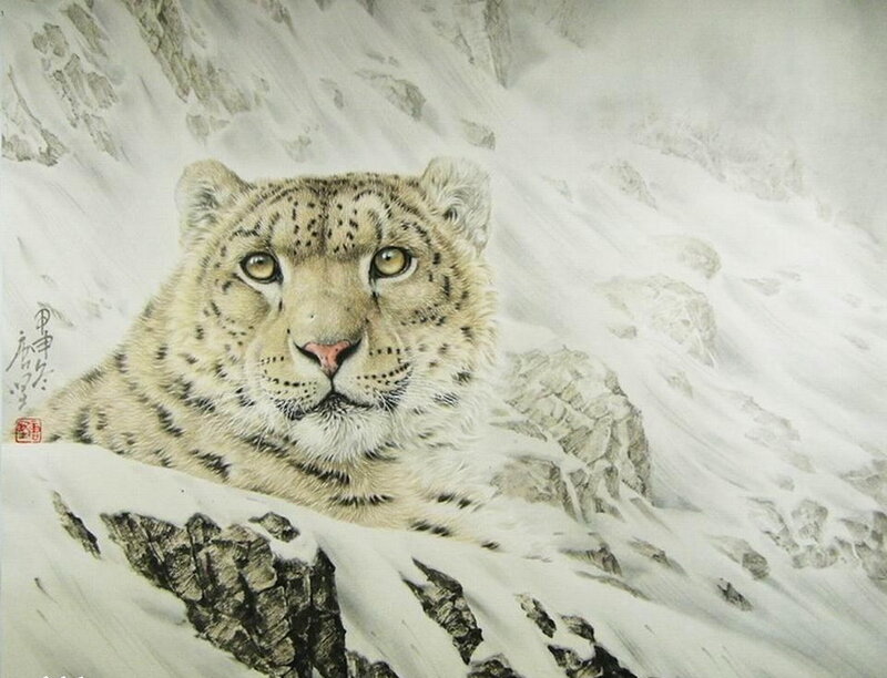 Snow Leopard in Snow — White, Calm, Winter, Painting