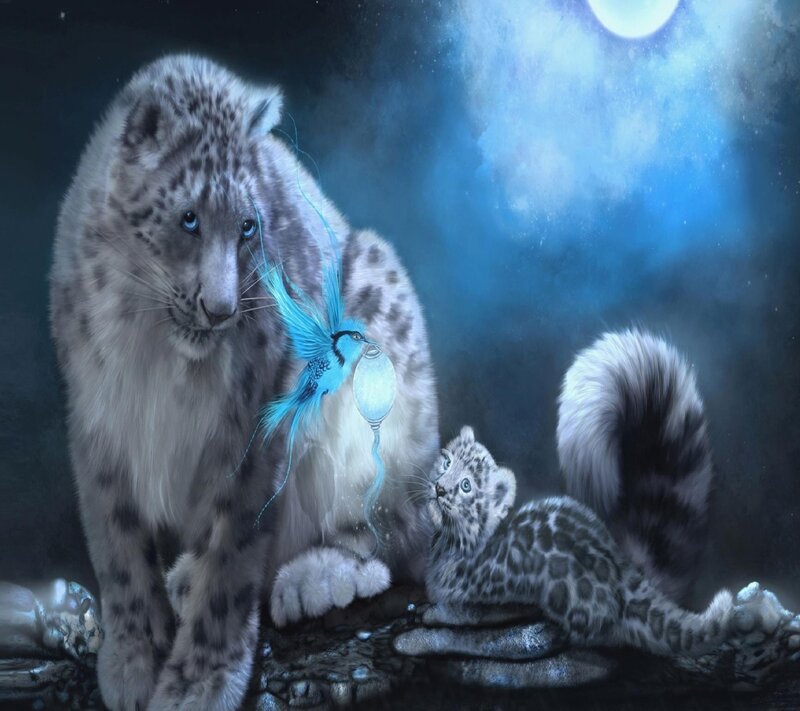 Snow Leopard Mother and Cub — Blue, Serene