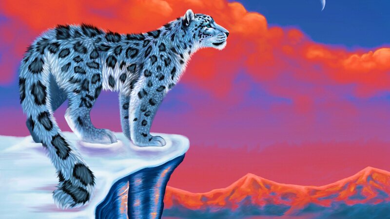 Snow Leopard on Cliff — Red, Dramatic, Night, Digital Art