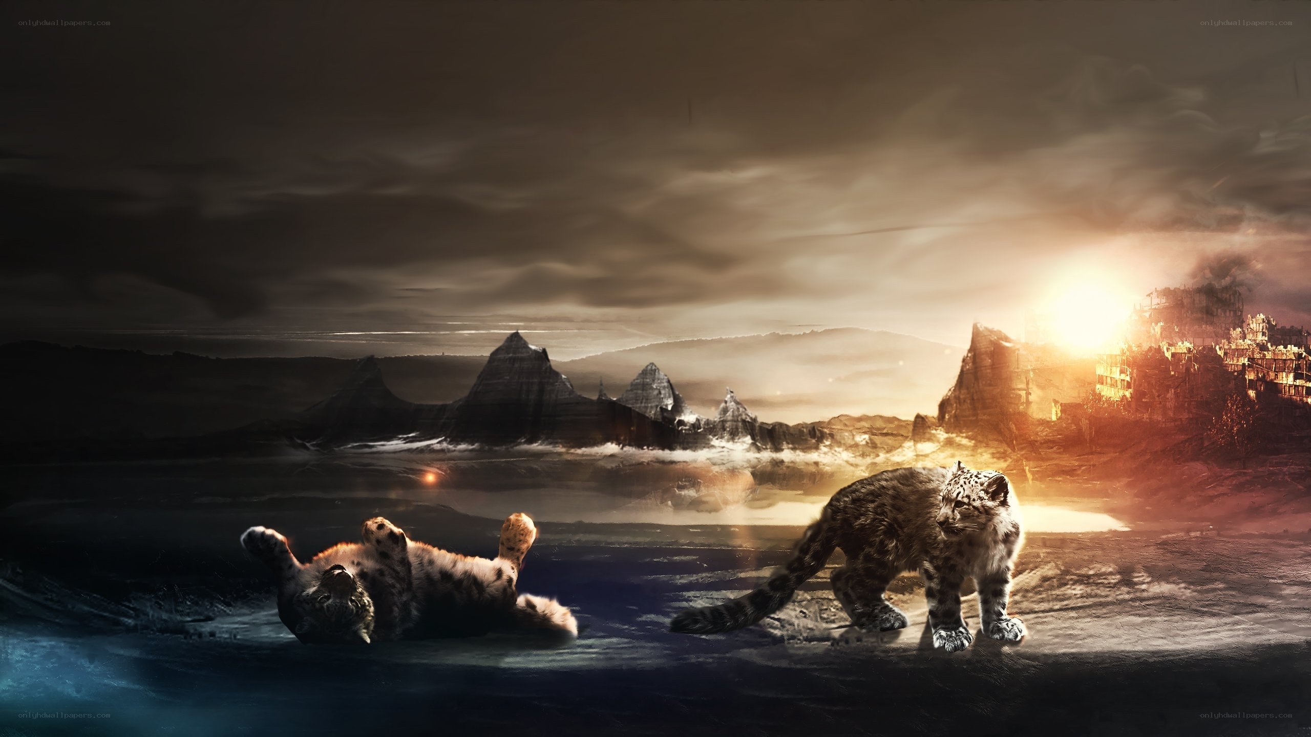 snow leopards in a fantasy landscape
