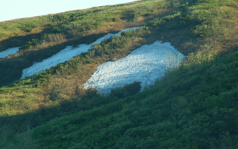 Snow patches on a hillside