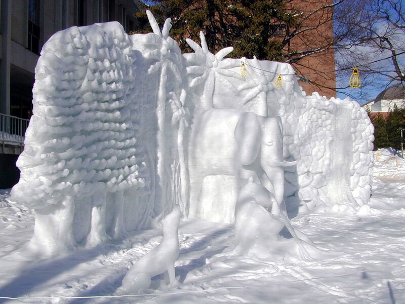 snow sculpture of elephant and trees