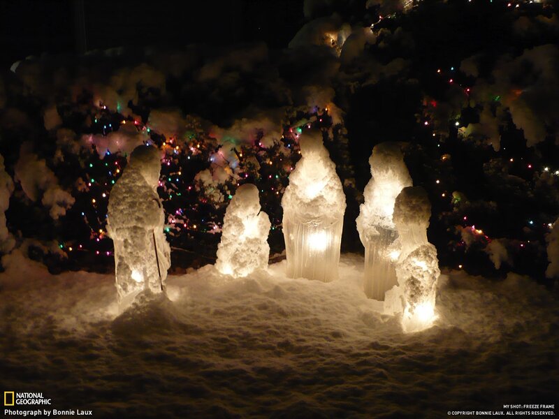 Snow sculptures at night