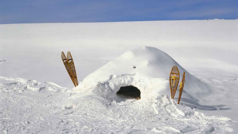 Snow shelter with snowshoes