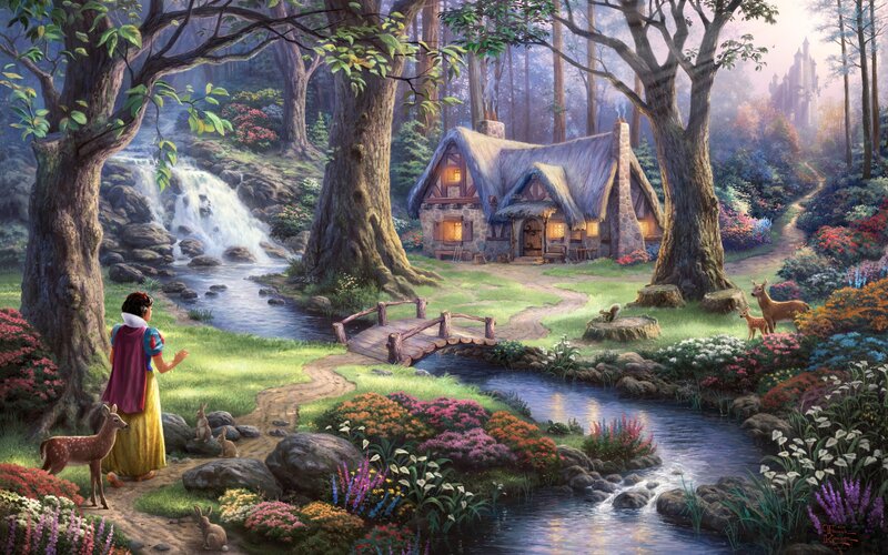 Snow White in Forest — Green, Serene, Morning, Illustration, Deer, Cottage, Stream, Blue