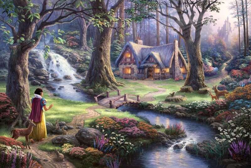 Snow White in Forest — Green, Serene, Morning, Illustration, Deer, Cottage, Stream