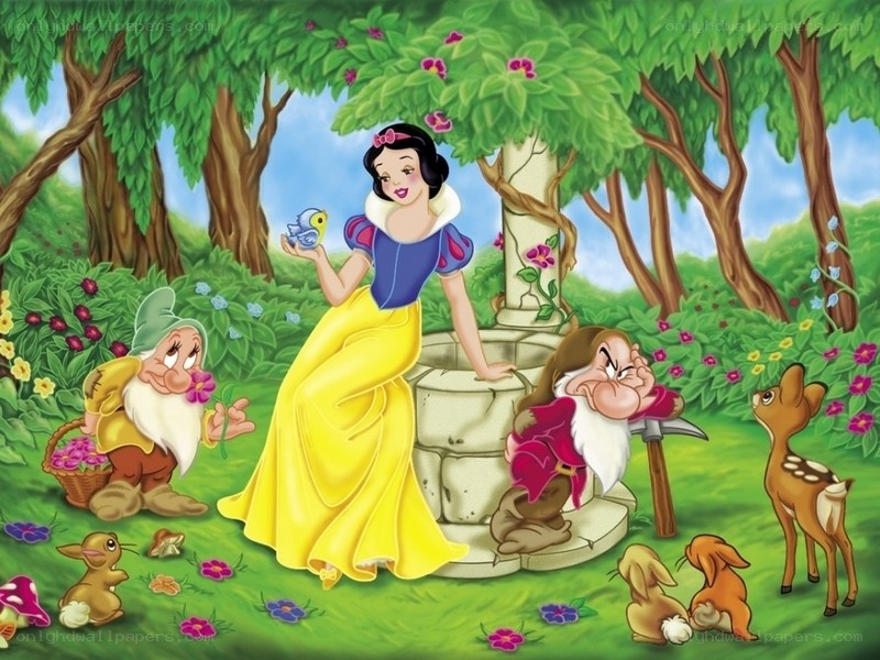 Snow White with dwarfs in forest