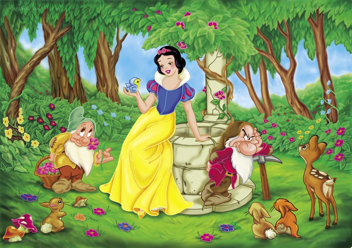 Snow White with dwarfs in forest