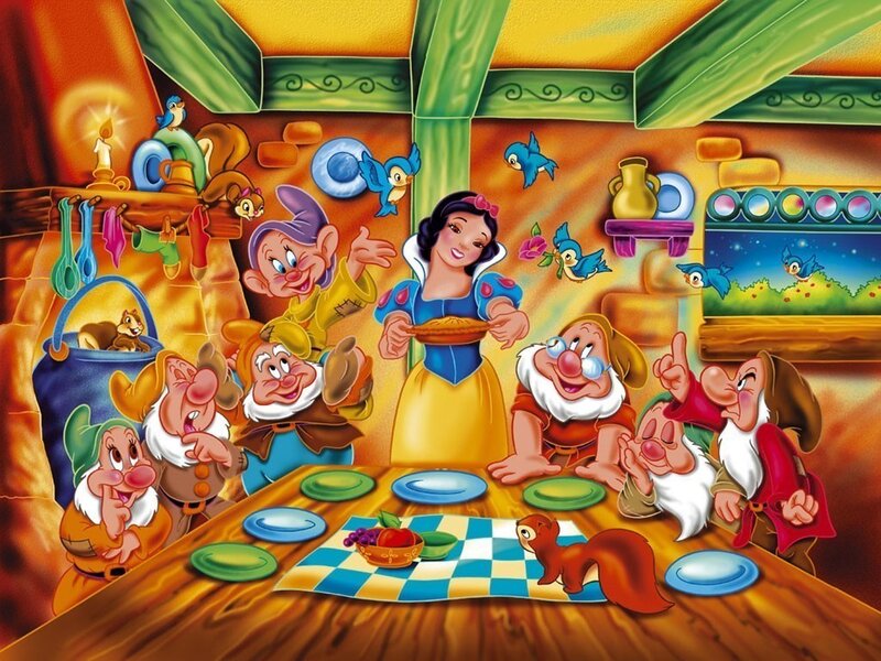 Snow White with Dwarfs — Yellow, Joyful, Illustration