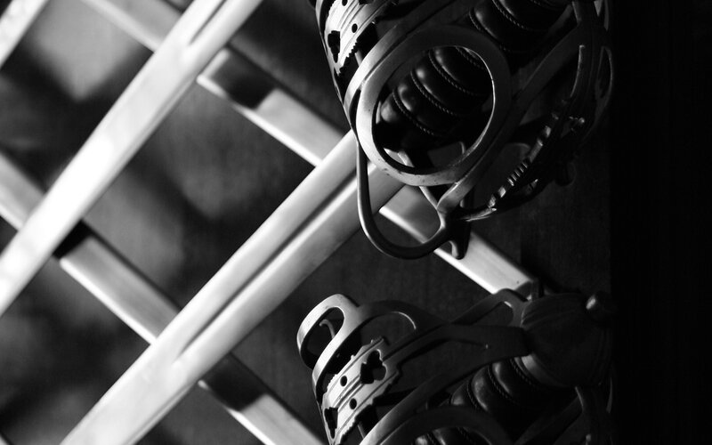 snowboard bindings on rack