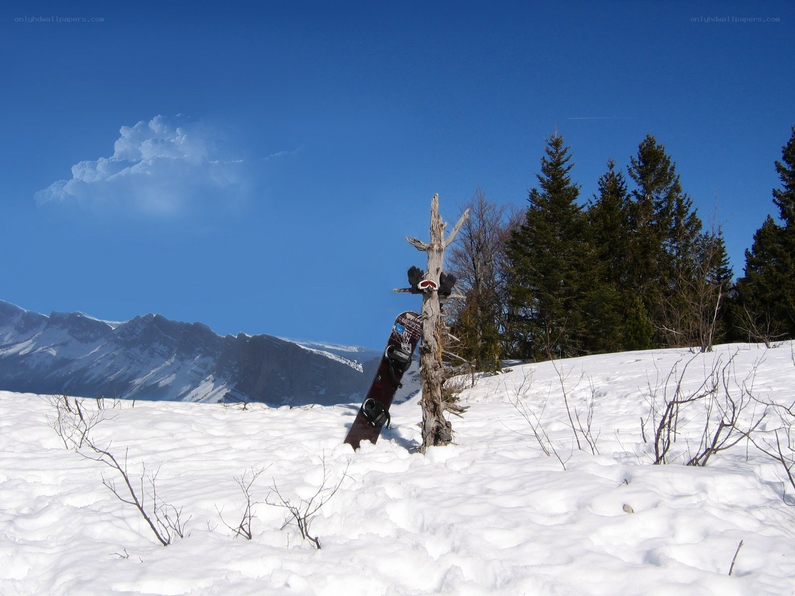 Snowboard in snowy mountain landscape
