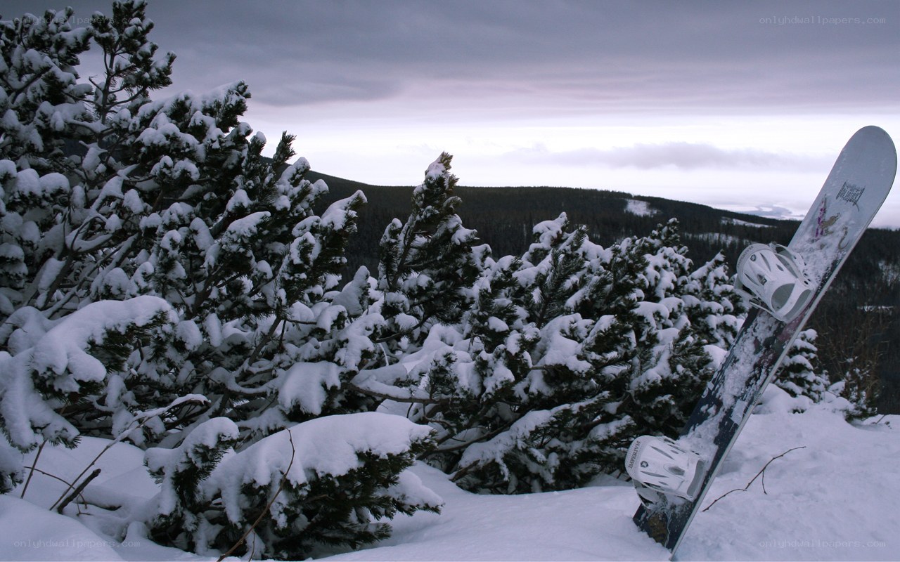 Snowboard on snowy hill
