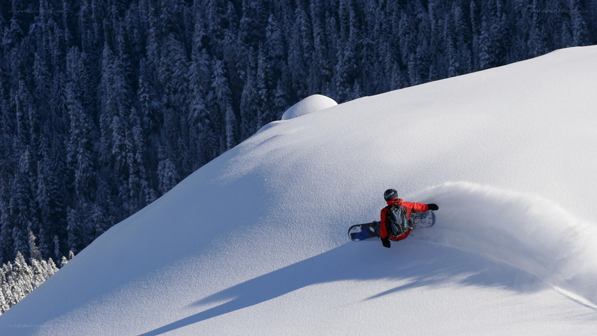 Snowboarder carving down slope
