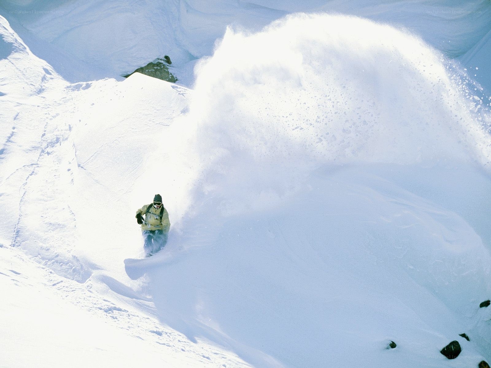 Snowboarder carving through powder