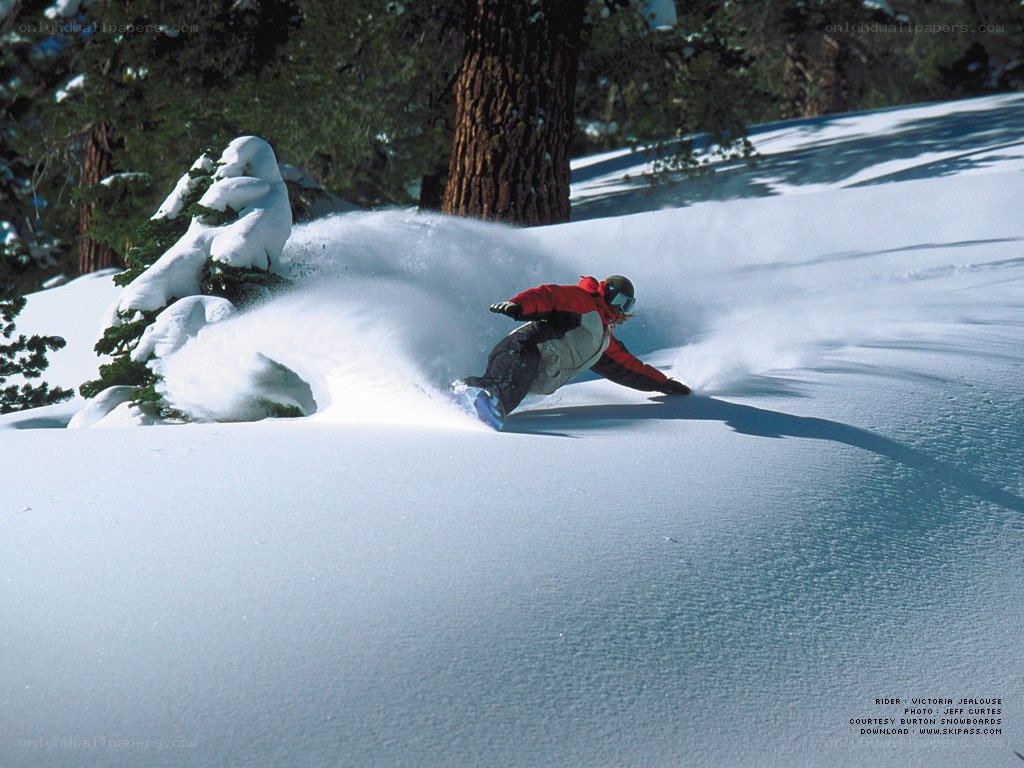 Snowboarder carving through powder