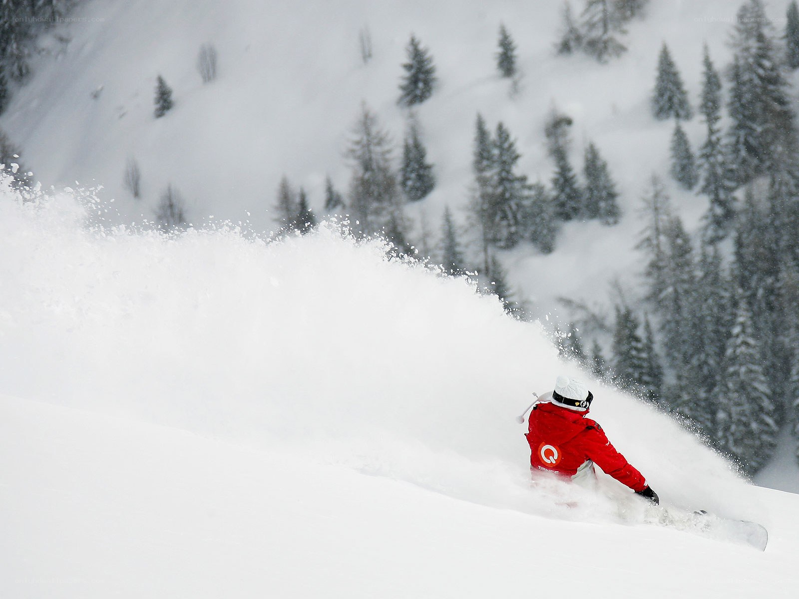 Snowboarder carving through powder