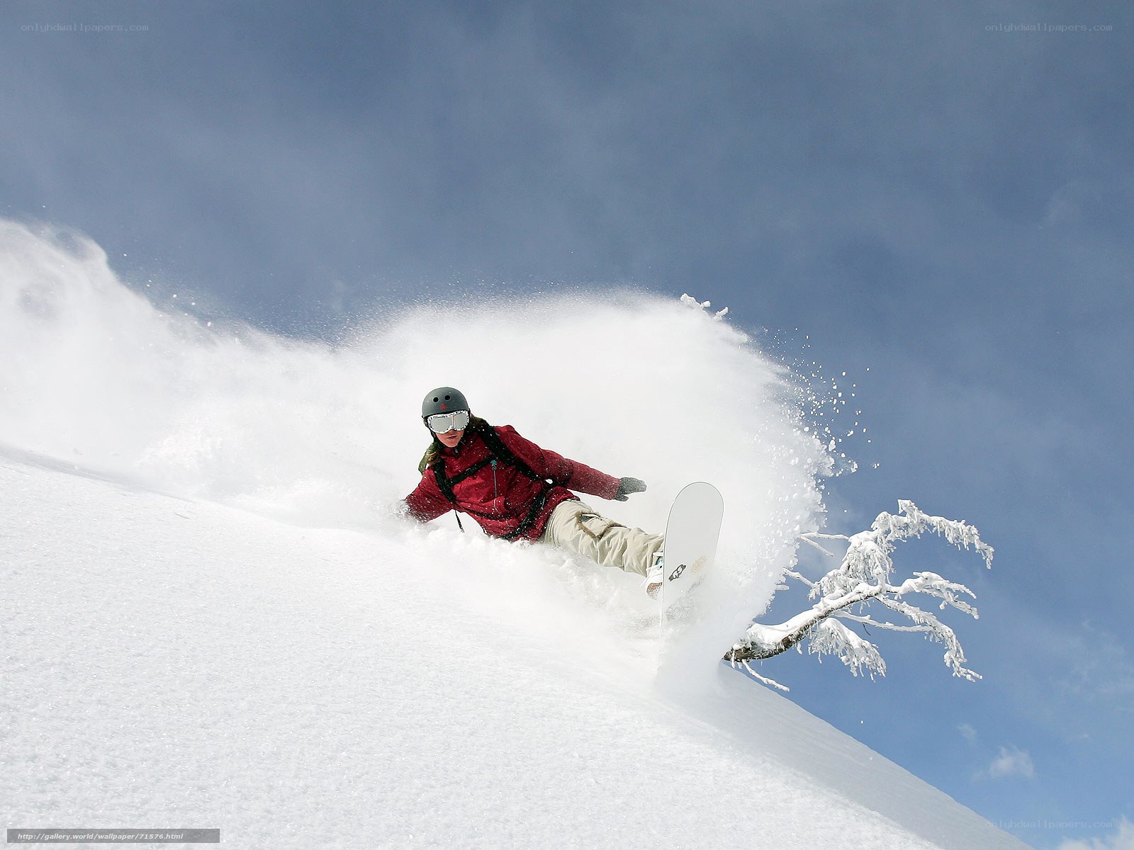 Snowboarder carving through powder