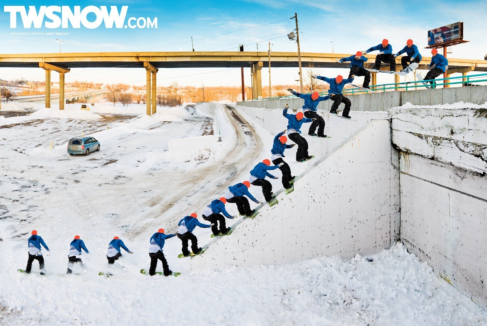 Snowboarder descending ramp