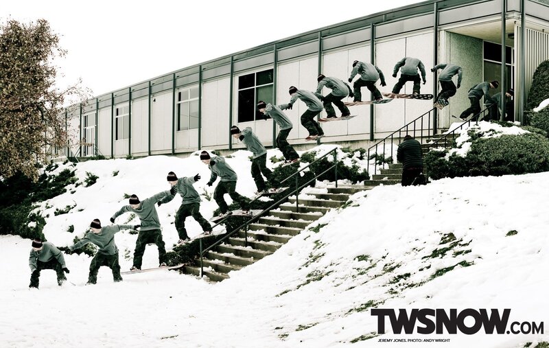 Snowboarder descending stairs