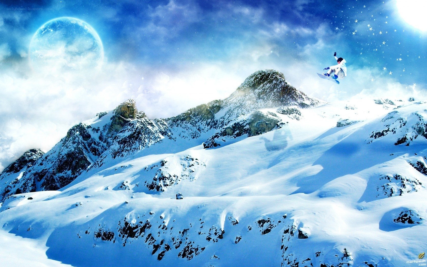 Snowboarder in a fantasy landscape