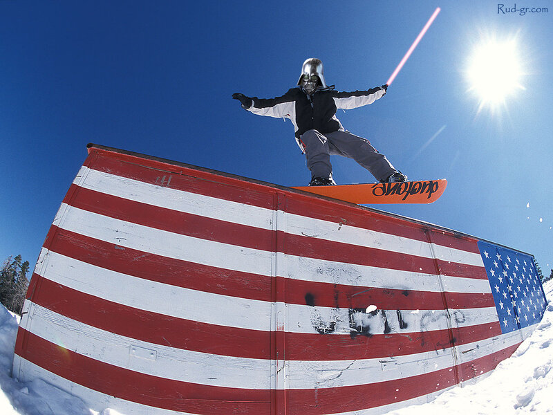 Snowboarder in Darth Vader helmet