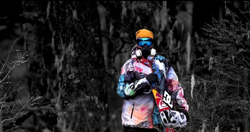snowboarder in forest