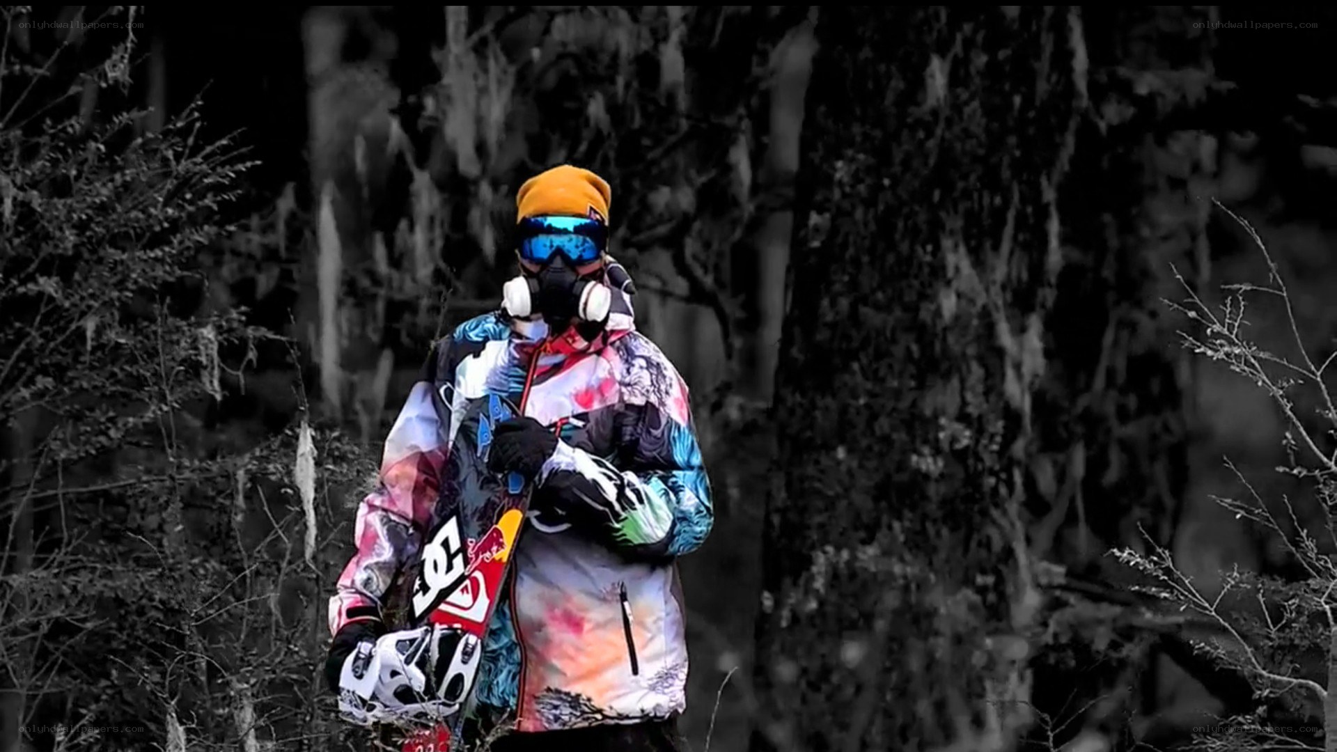 snowboarder in forest