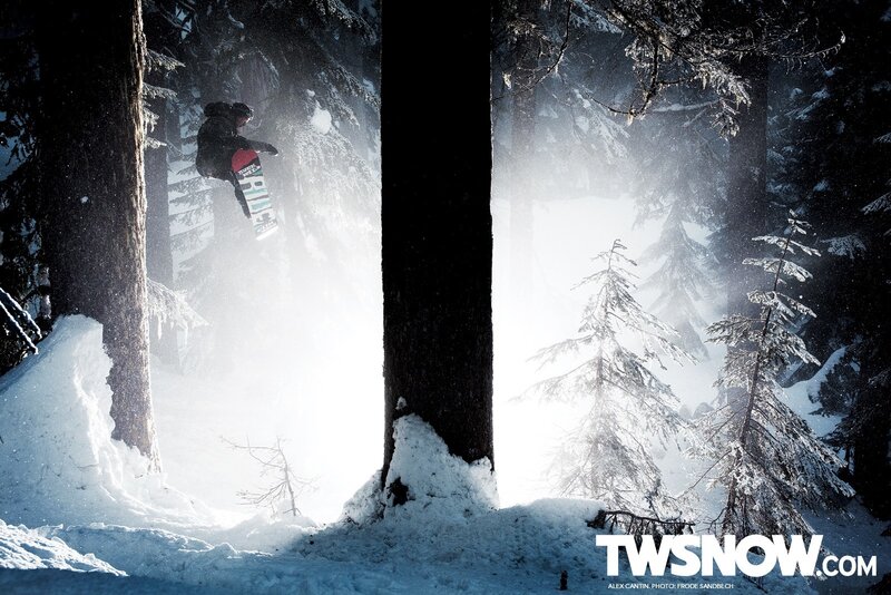 Snowboarder in Forest — White, Dramatic