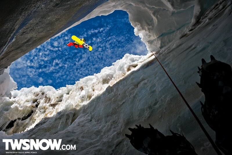 Snowboarder in ice cave